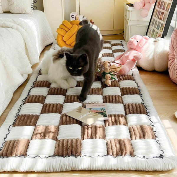 Cream-colored Large Plaid Square Fuzzy Pet Dog Mat Bed Couch Cover - Image 2