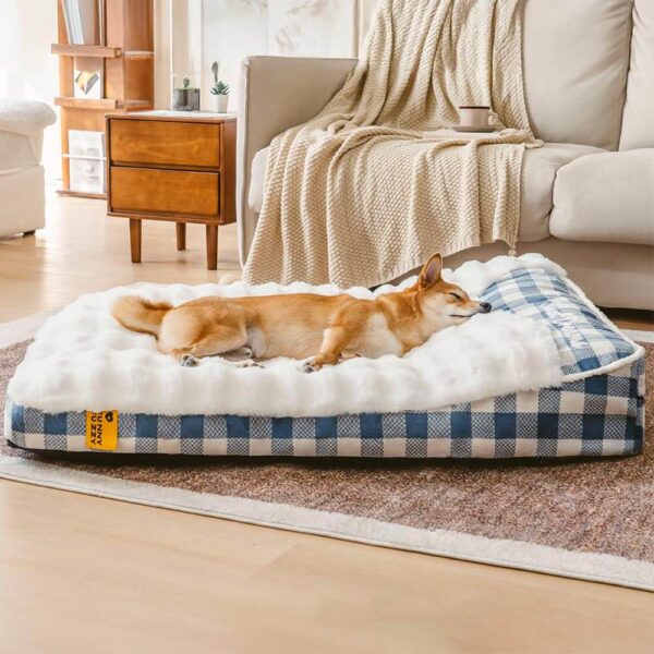 Large Classic Check Headrest Rectangle Calming Dog Bed - Dreamy wave - Image 10