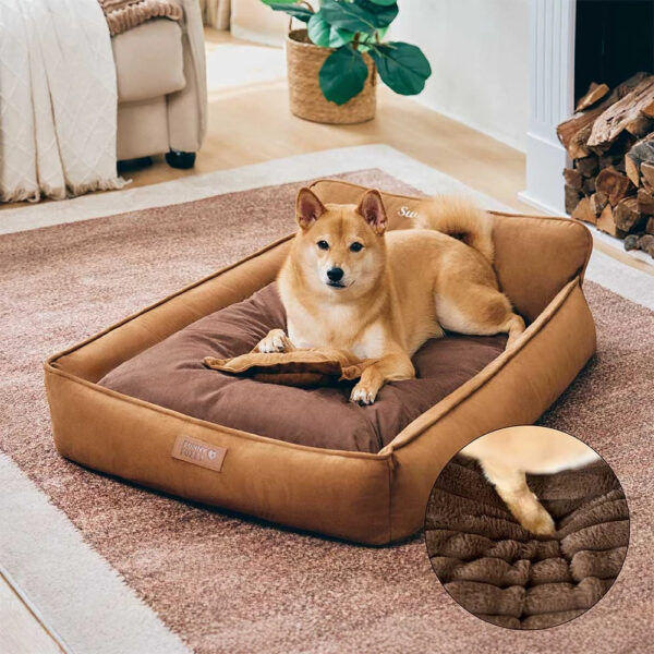 Retro Faux Suede Dual-sided Washable Bolster Dog Bed With Pillow – SweetDream - Image 2