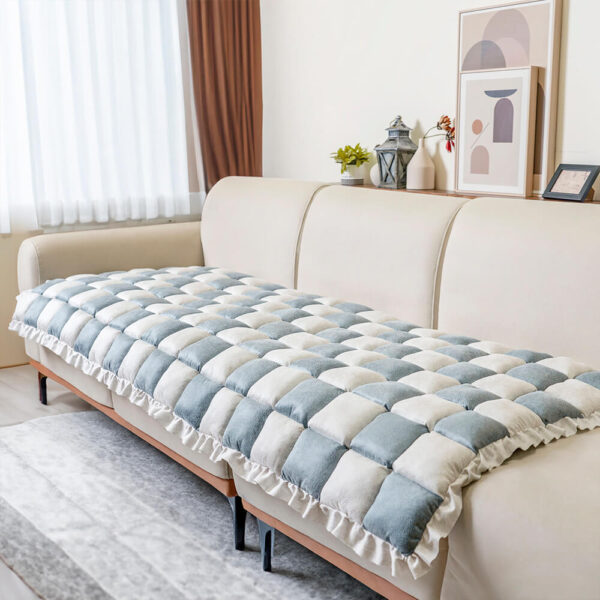 Cream-colored Large Plaid Square Fuzzy Pet Dog Mat Bed Couch Cover - Image 23