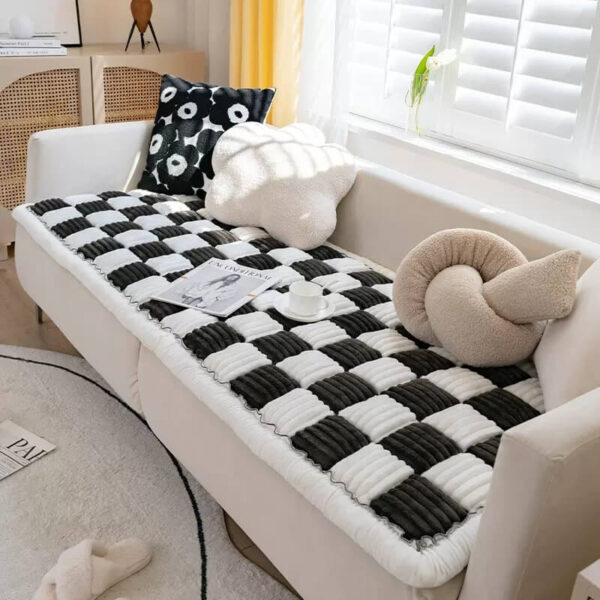 Cream-colored Large Plaid Square Fuzzy Pet Dog Mat Bed Couch Cover - Image 3