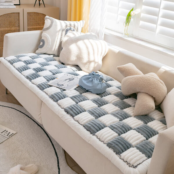 Cream-colored Large Plaid Square Fuzzy Pet Dog Mat Bed Couch Cover - Image 11