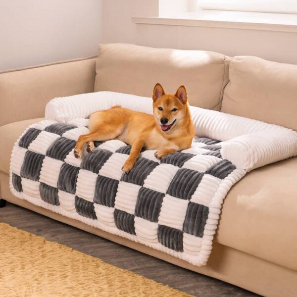 Cream Square Plaid Cozy Dog Mat Furniture Protector Cover - Image 9