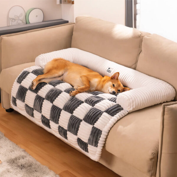 Cream Square Plaid Cozy Dog Mat Furniture Protector Cover - Image 8