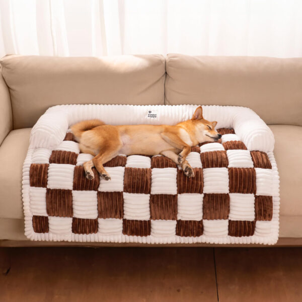 Cream Square Plaid Cozy Dog Mat Furniture Protector Cover - Image 10