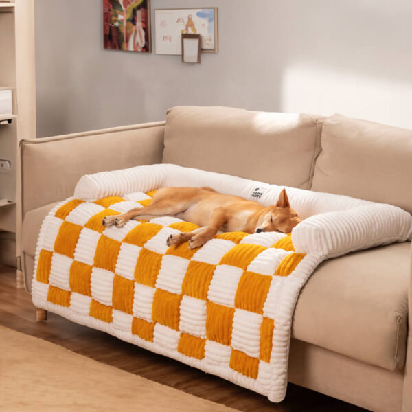Cream Square Plaid Cozy Dog Mat Furniture Protector Cover - Image 12