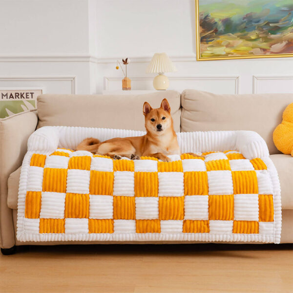 Cream Square Plaid Cozy Dog Mat Furniture Protector Cover - Image 2