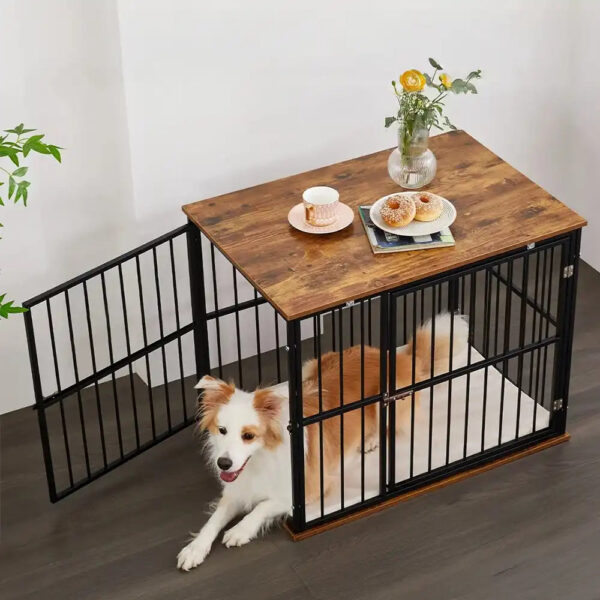 Indoor Wooden Dog Crate Furniture Multifunctional Table With Double Doors - Image 5