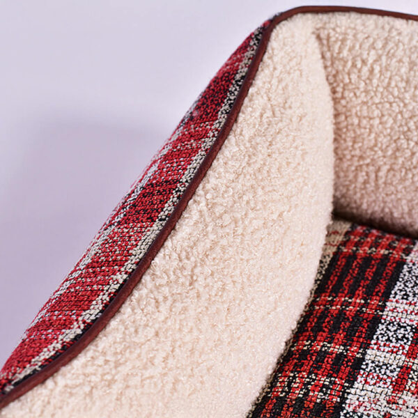 Square Vintage Plaid Faux Sherpa PU Leather Dog & Cat Bed - Image 3