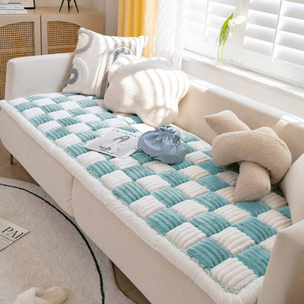 Cream-colored Large Plaid Square Fuzzy Pet Dog Mat Bed Couch Cover - Image 21