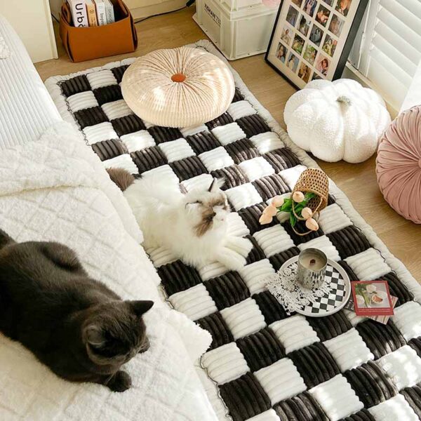 Cream-colored Large Plaid Square Fuzzy Pet Dog Mat Bed Couch Cover - Image 4