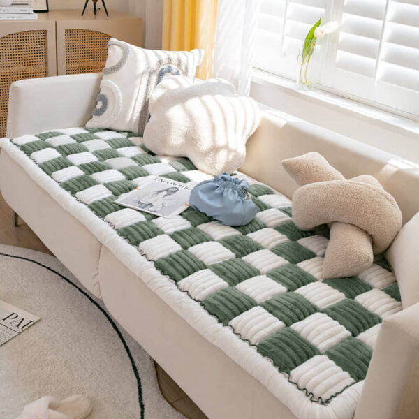 Cream-colored Large Plaid Square Fuzzy Pet Dog Mat Bed Couch Cover - Image 20